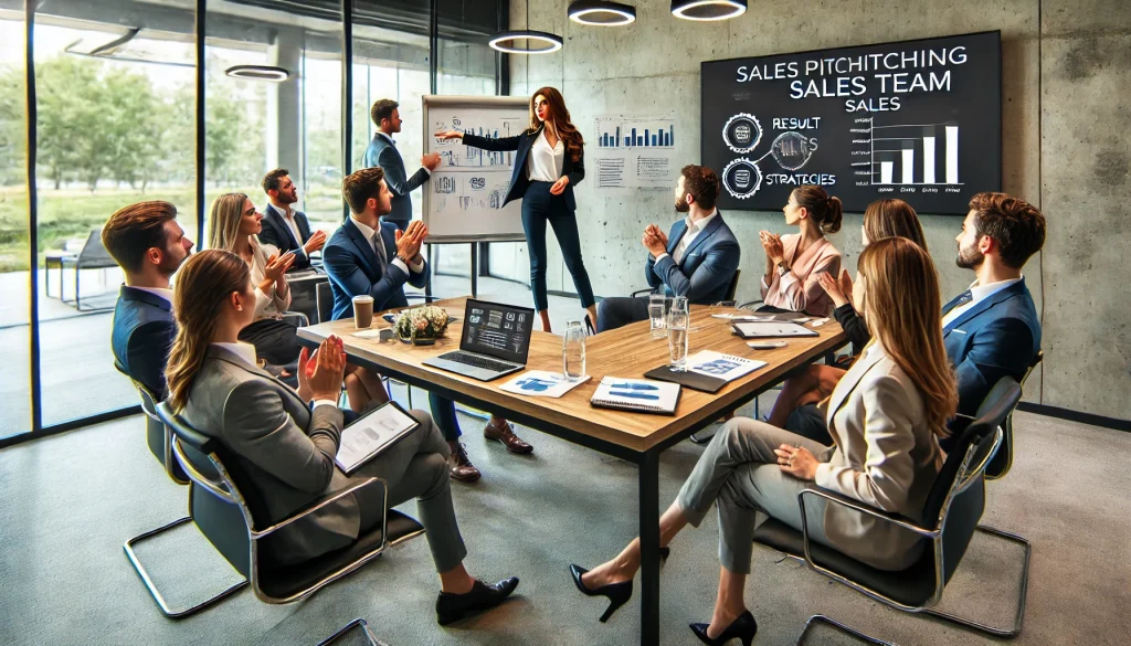 A professional meeting in a modern conference room, with team members engaged in a sales presentation and discussion.