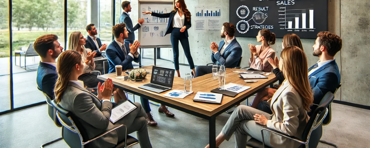 A professional meeting in a modern conference room, with team members engaged in a sales presentation and discussion.