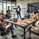 A professional meeting in a modern conference room, with team members engaged in a sales presentation and discussion.