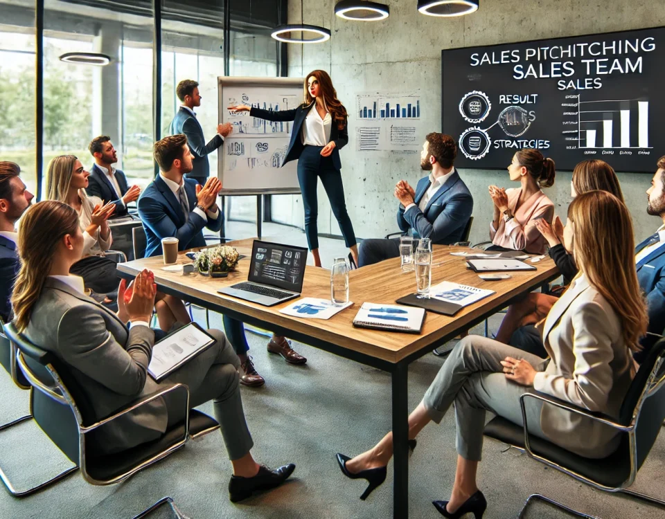 A professional meeting in a modern conference room, with team members engaged in a sales presentation and discussion.