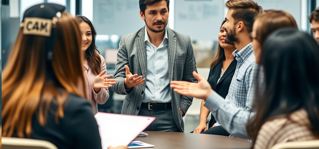 A group of professionals engaged in discussion around a table inside a modern office, showcasing collaboration and teamwork. Close More Deals with Sales Training