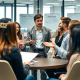 A group of professionals engaged in discussion around a table inside a modern office, showcasing collaboration and teamwork. Close More Deals with Sales Training