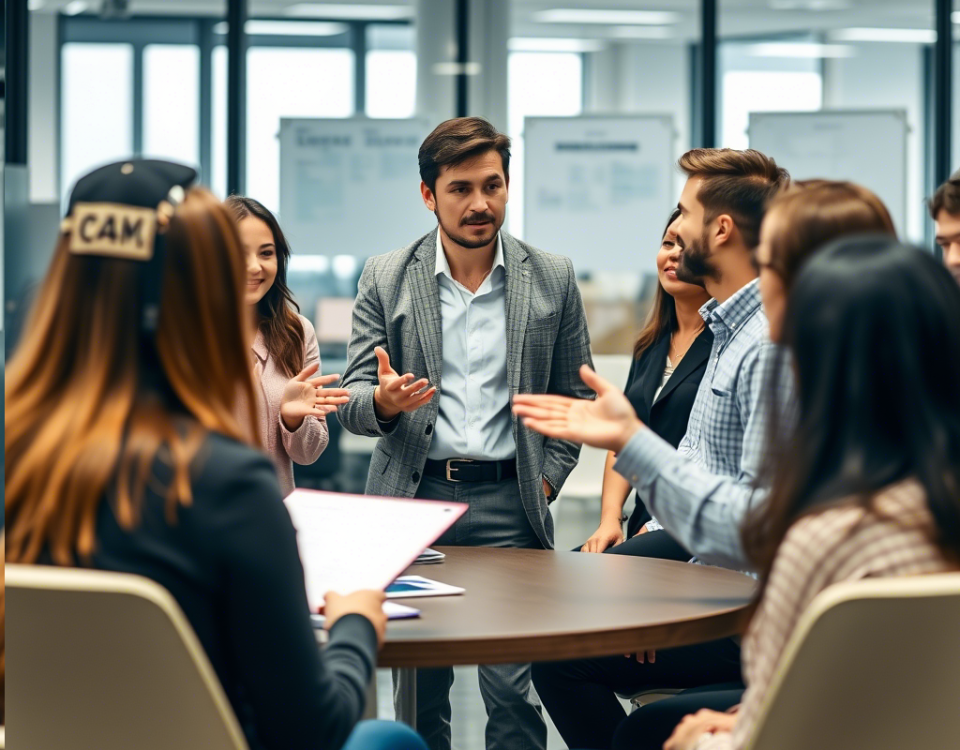 A group of professionals engaged in discussion around a table inside a modern office, showcasing collaboration and teamwork. Close More Deals with Sales Training