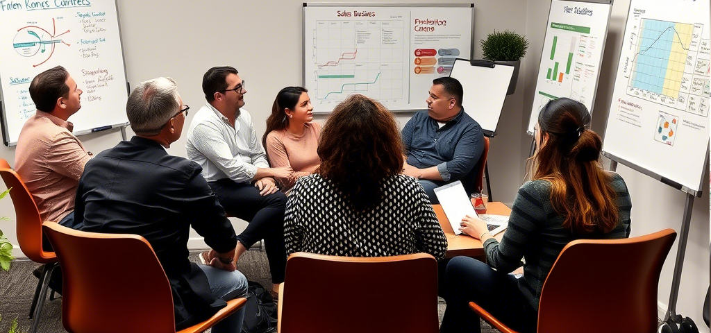 A group of professionals engages in a meeting, discussing charts and plans on whiteboards, with notes and a coffee on the table.