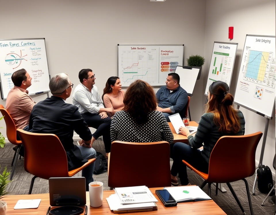 A group of professionals engages in a meeting, discussing charts and plans on whiteboards, with notes and a coffee on the table.