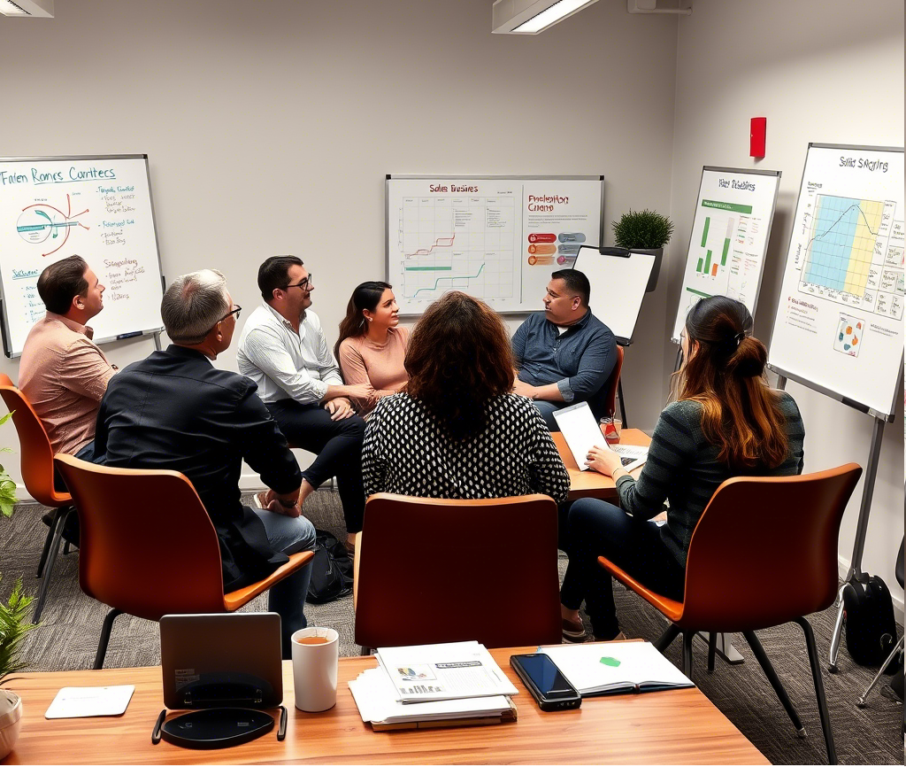 A group of professionals engages in a meeting, discussing charts and plans on whiteboards, with notes and a coffee on the table.