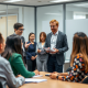 A group of professionals engages in a discussion around a conference table, with one speaker holding documents and others attentively listening. Customer Service Strategies