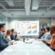 A business team reviews performance metrics and training data during a meeting in a modern conference room, notes and drinks at the table.